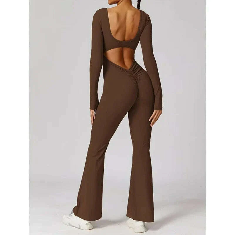 long sleeved jumpsuit U-neck tight and sexy backless jumpsuit for autumn and winter yoga sports and leisure series