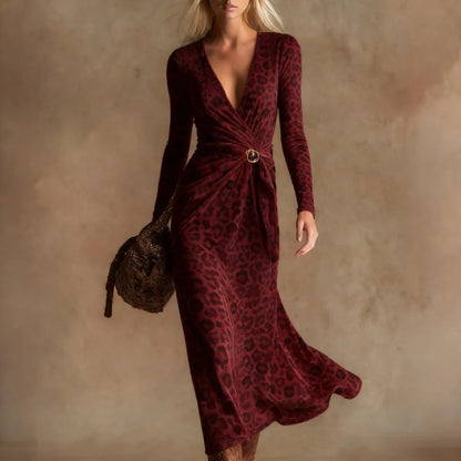 Sexy Leopard Print Velvet Maxi Dress Women Long Sleeve V Neck Twist Front Elegant Cocktail Party Dress Vacation Evening Dress