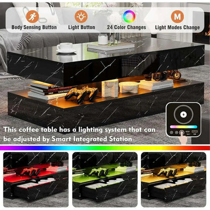 47" Modern LED Coffee Table with 2 Drawers, High Glossy Double-Layer Center Table with Wireless Charging and Built-in Bluetooth