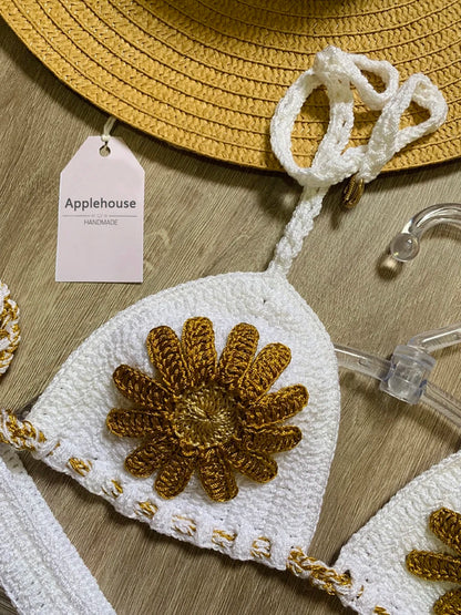 Crochet Bikinis Set Mujer Tankini Swimwear Women Biquinis Feminino Sexy Swimsuit Biquini Flor Brazilian Adjustable Thong Bikini - Kimlud