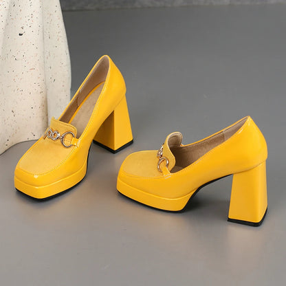 Extra Big Size 49 50 Bright Yellow Metal Crystal Chain Woman's Pumps Spring Fall Shoes Slip-on Loafers Platform Block High Heels