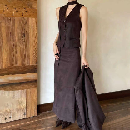 KWTX 2025 Women's 3 Pcs Suit Set Spring Fall V-Neck Blazer Single Breasted Vest Ribbon Tie Skirt Solid Color Elegant Retro