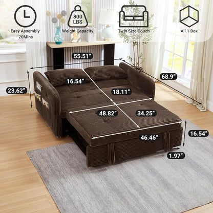 55.5" Corduroy Convertible Sofa Bed, Pull Out Sleeper with USB Ports, 3-in-1 Loveseat for Living Room, Apartment - Kimlud