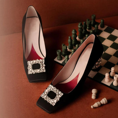 New Rhinestone High Heels Women Slip-On Pumps Women Square Toe Party Crystal Dress Shoes Femmes Chaussures Zapatos De Mujer - Kimlud