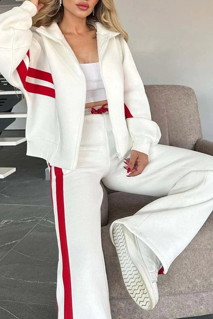 Autumn Winter Women's New Hoodie Suit Y2K Striped Zipper Loose Fit Jacket Outwear And High Waist Side-striped Pants Sports Sets - Kimlud