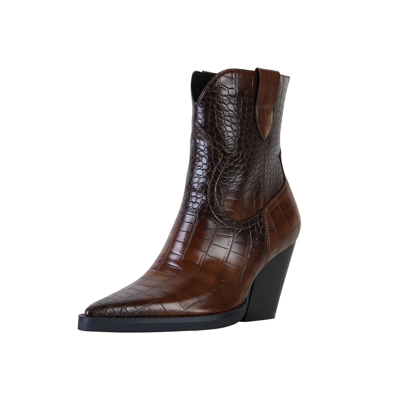 Kaky's New Pointed Stone Pattern Thick High Heels Large Women's Boots Western Boots Short Boots