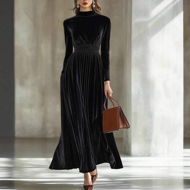 New Autumn Winter Half High Collar Long Sleeve A-Line Maxi Dresses Women Fashion Velvet Party Long Dress Christmas Evening Dress - Kimlud