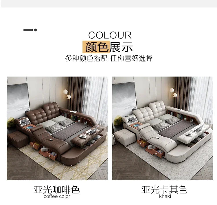 Genuine Leather Tech Smart  Multifunctional Beds Massage Modern Luxury Camas Upholstered With Bluetooth Speaker,Air Cleaner