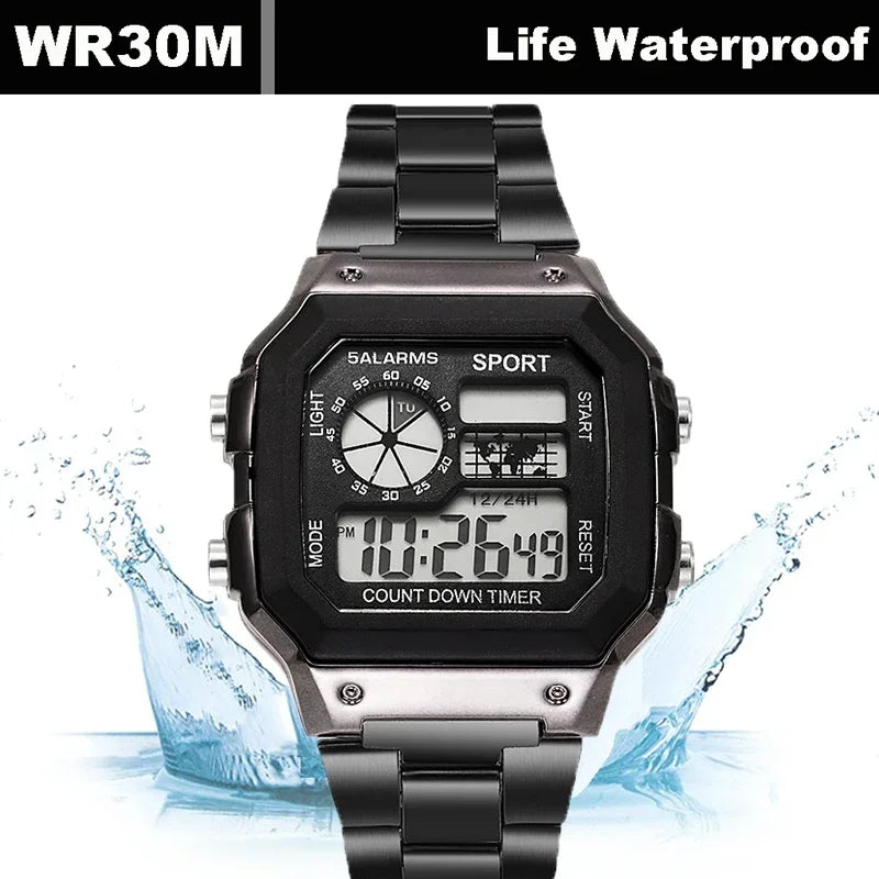 MAYZHISU Classic Men's Digital Watches Luxury Stainless Steel Strap Sport Watches Men Military Clock LED Sport Wristwatch - Kimlud