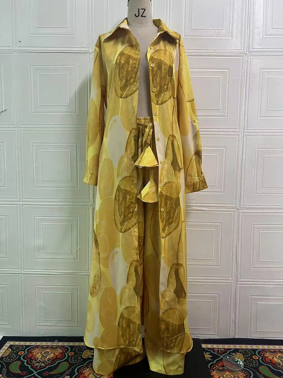 Women Two Pieces Pant Sets Print Cardigan Long Shirts Loose V Neck Button Shirt Spliced Casual Wide Leg Pants Suits Lady
