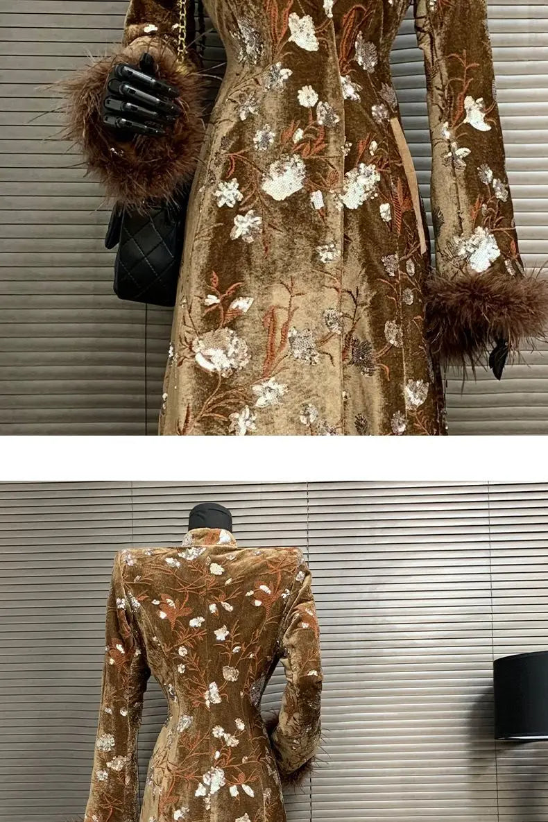 Golden Velvet Sequins Windbreaker Coat Autumn/Winter New English style Luxury Sequin Embroidered Women's Coat