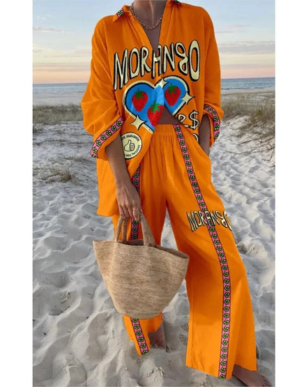 Casual Printed Two Piece Set Women Spring Summer New Fashion Comfort Holiday Button Long Sleeve Shirts And Wide Leg Pants 2 Sets