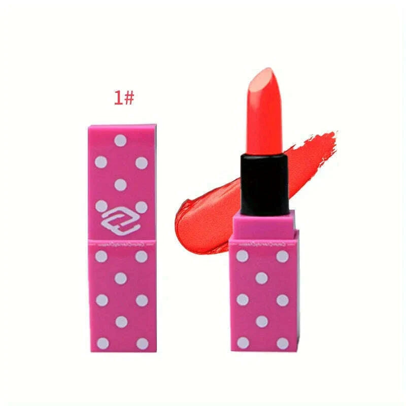 8 Colors Super Cute Girls Lipstick, Pink Polka Dots Design Long Lasting Non-fading Waterproof Velvet Lip Color, Non-Stick Cup