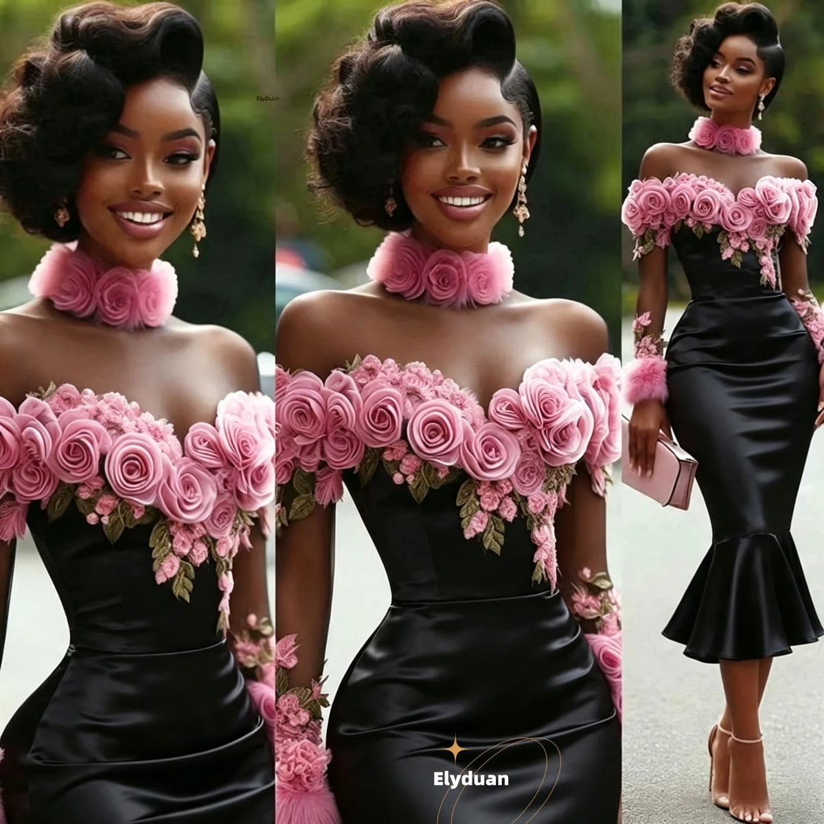 Black Midi Sheath Prom Dress Off Shoulder Long Sleeve Evening Gown Pink Rose Floral African Birthday Party Dress...