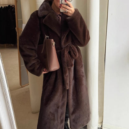 Long Coats Women Faux Fur Y2k Maxi Overcoat Lace Up Turn Down Collar Full Sleeve Thick Loose Elegant Jackets Autumn Winter 2025