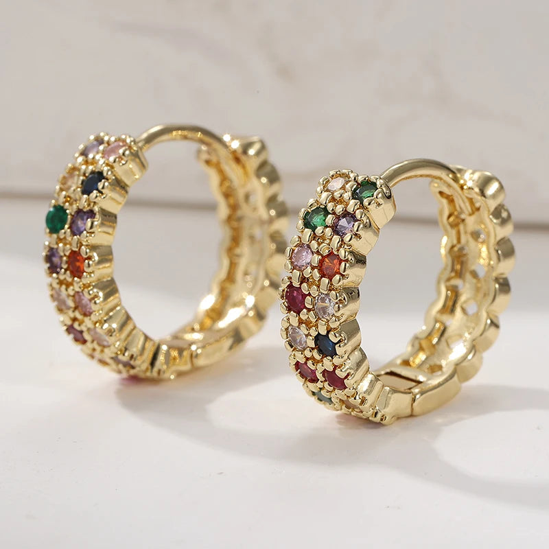 Fashion Copper Handcrafted Colored Synthetic Zircon Hoop Earrings for Women Bohemian Style Golden Plated Banquet Wedding Jewelry