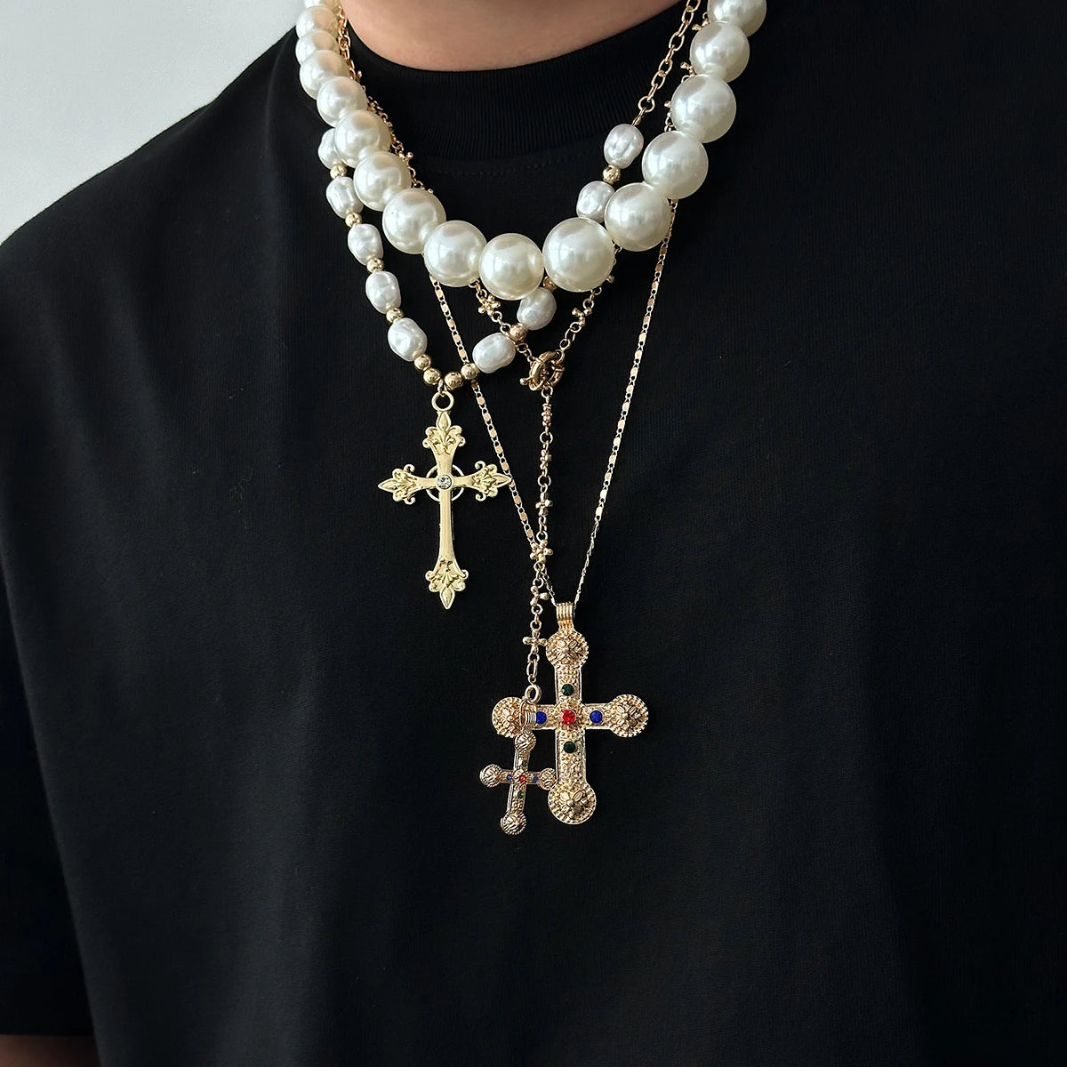 Ingemark 3 Styles Creative Big Imitation Pearl Beads Chain Necklace for Men Hip Hop Jesus Cross Pendant Choker Male Jewelry Gift