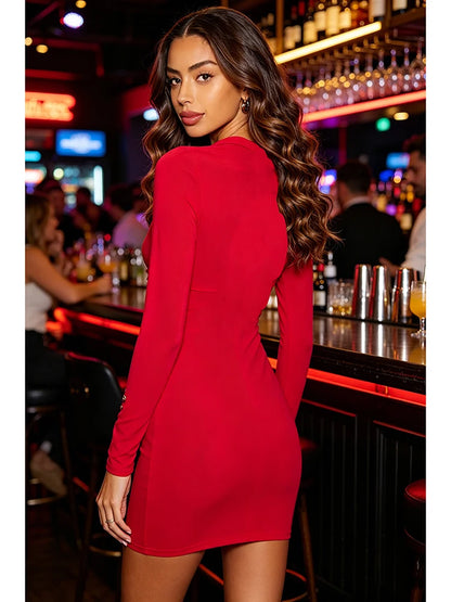 Sexy Long Sleeve O Neck Metal Buckle Ruched Mini Dress Women Red Cut Out Folds Bodycon Dresses Elegant Evening Party...