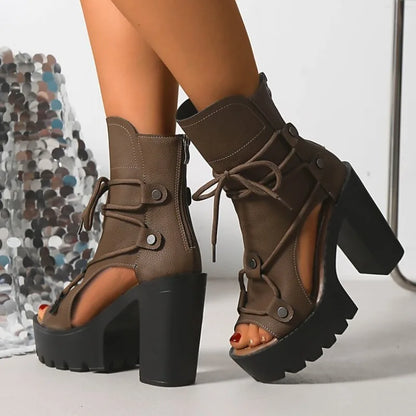 Women's Platform High Heel Ankle Boots Open Toe Lace Up Sandals Textured Finish Chunky Block Heel Zipper Closure Fashion...