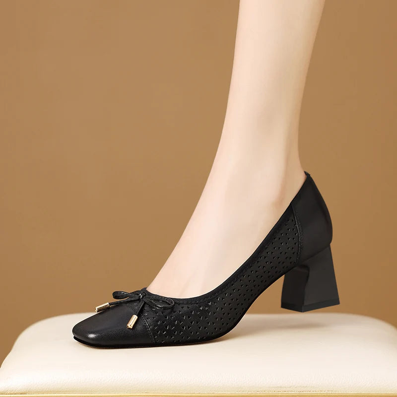 【JOCHEBED HU】New Fashion Hollow Out Women Pumps Square Toe Summer Shoes Chunky Heels Handmade Genuine Leather Shoes 33-43 - Kimlud