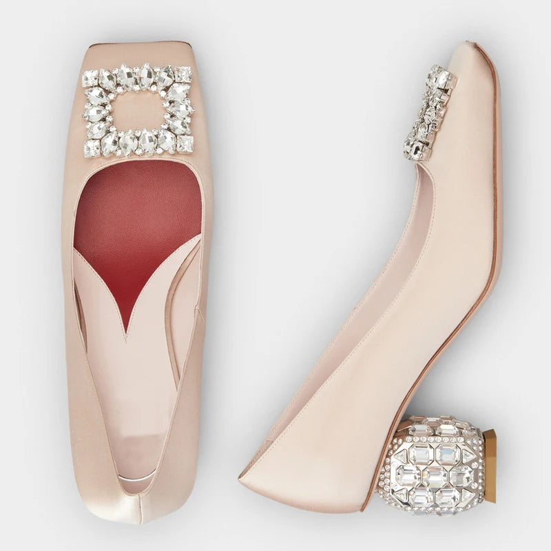 New Rhinestone High Heels Women Slip-On Pumps Women Square Toe Party Crystal Dress Shoes Femmes Chaussures Zapatos De Mujer - Kimlud