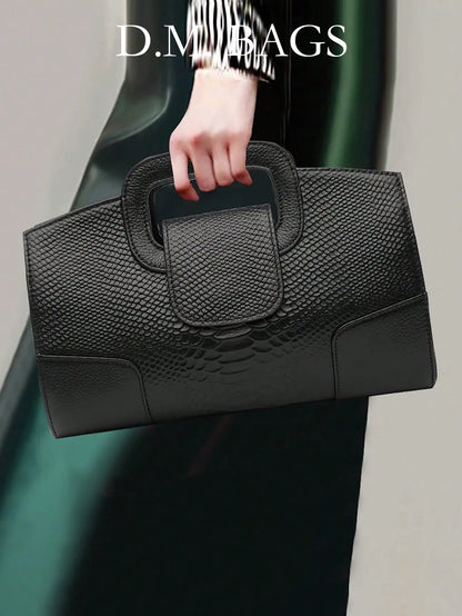 Black PU Croc-Texture Patchwork Clutch with Top Handle for Evening Events