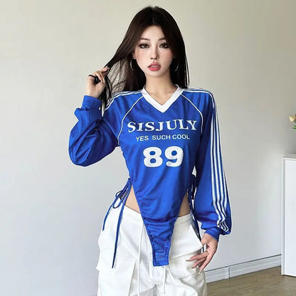 Y2k American Retro V-neck Long Sleeved Slim Fit Tops Stripe Bodysuit T-shirts Women Letter Printed Bodysuits Streetwear Jumpsuit