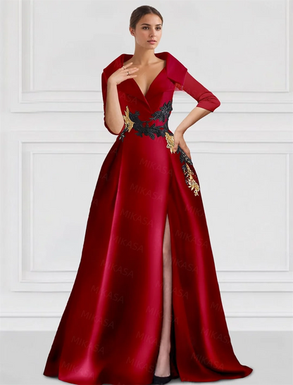 Classic Satin Evening Dresses For Women Wedding Party Guest V-neck Three Quarter A-line Side Slit Elegant Prom vestidos de gala