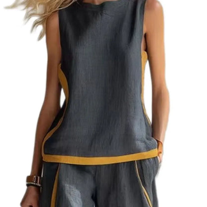 Women's 2-piece Set 2026 New Sleeveless Contrast Wide Leg Pants Suit Summer Casual Fashion Two-piece Trendy Style Women Clothing