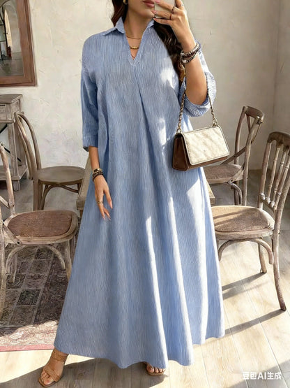 Spring Summer New Loose Striped Fashionable Shirt Collar Printed Women's Dress Elegant Casual Maxi Gown for Women - Kimlud