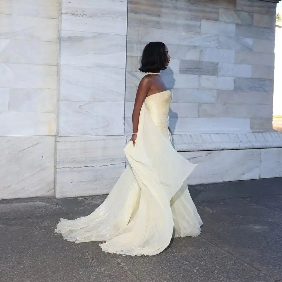 Ofherown Elegant Shiny Yellow Pleat Chiffon Evening Dresses with Scarf Stapless Mermaid Prom Gowns for Women Customized