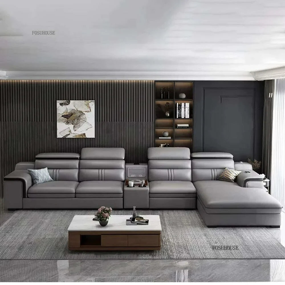Large Apartment Chaise Leather Sofa Combination Set Modern Light Luxury Living Room Sofas Creative Office Comfortable Large Sofa