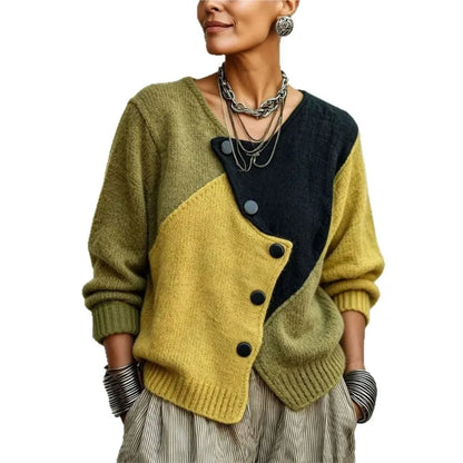 Women Patchwork Knit Cardigan Asymmetric Button Long Sleeve Loose Sweater Coat Retro Casual Autumn Winter Female...