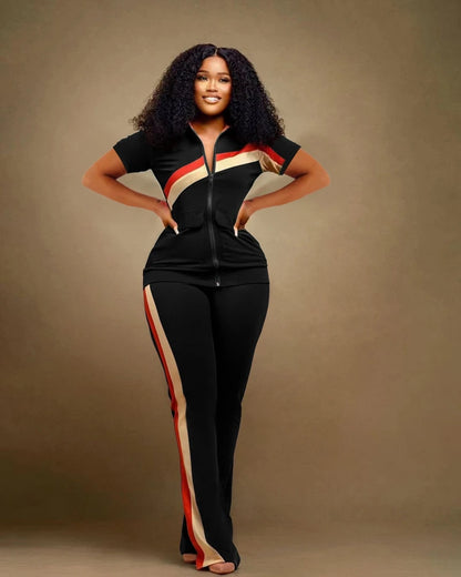 STYLISH LADY Patchwork Sporty 2 Piece Set Women Short Sleeve Zipper Jacket and Pant Suits 2025 Autumn Casual Fitness...