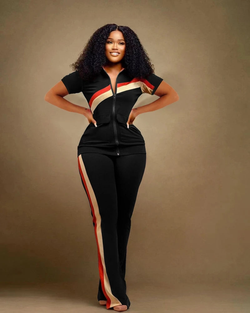 STYLISH LADY Patchwork Sporty 2 Piece Set Women Short Sleeve Zipper Jacket and Pant Suits 2025 Autumn Casual Fitness...