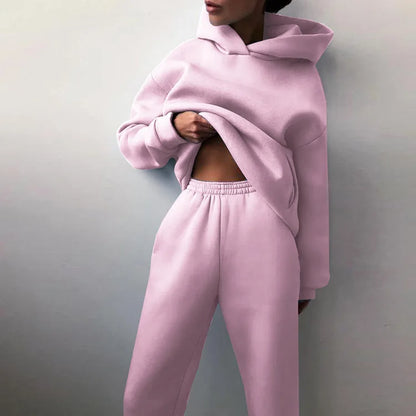 2 Pieces Set Women New Fashion Leisure Autumn Winter Pure Color Fleece Hooded two-piece Sports Suits Dropshipping LKX21660