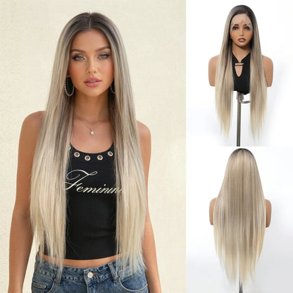 Long Straight Ash Pink 13x4 HD Lace Front Wig 30 Inch Glueless Synthetic Transparent Lace Frontal Wigs Pre Plucked...