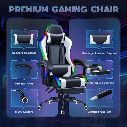 Gaming Chair with RGB LED Lights, Video Game Chair with Footrest and Massage Lumbar Support, High Back Reclining, Customized
