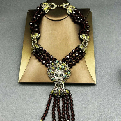 Medieval Vintage Palace Retro Full Inlaid Lion Head Heavy Multi-layer Tassel Necklace Earrings Set