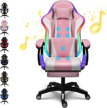 Gaming Chair with Speakers & RGB LED Lights Ergonomic Computer Gaming Chair with Footrest Music Video Game Chair