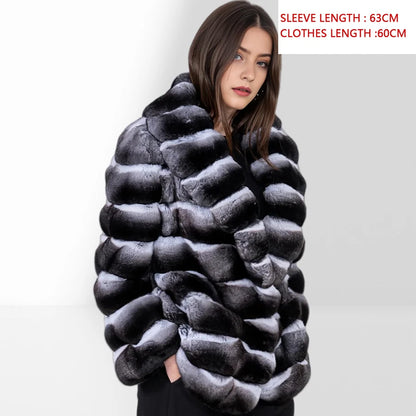 Women's Winter Jacket Real Rex Rabbit Fur Jacket With Hood Chinchilla Color Fur Coat High Quality Genuine Leather Jackets