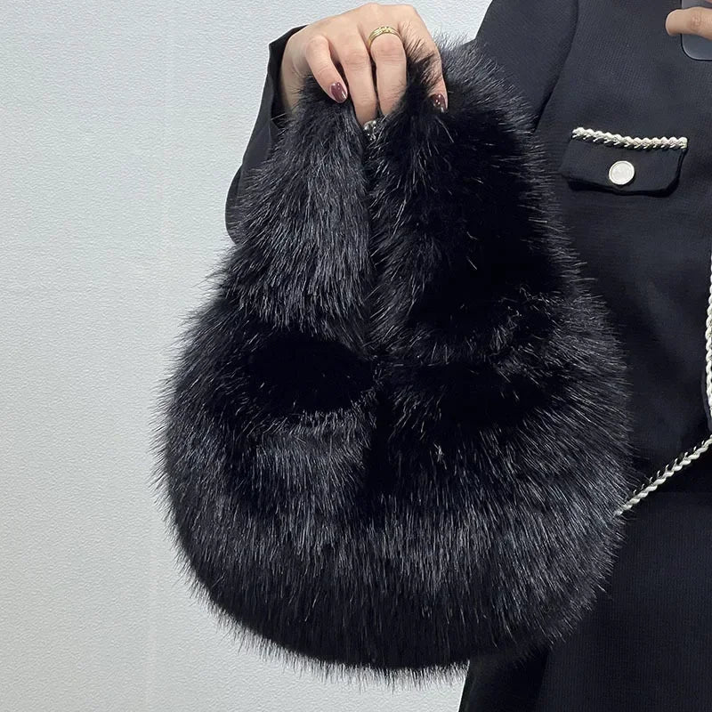 Soft Plush Women's Small Handbags Simple Faux Fur Female Fluffy Clutch Purse Winter Fashion Furry Tote Solid Color Shoulder Bags