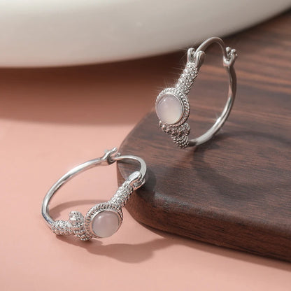 Bohemian Style Vintage Inlaid Synthetic Moonstone Hoop Earrings Women Elegant Silvery Plated Banquet Wedding Jewelry Accessories