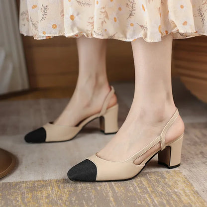Big Size 45 Women Slingbacks Shoes High Heels Thick High Heel Leather Mixed Colors Pumps Ladies - Kimlud