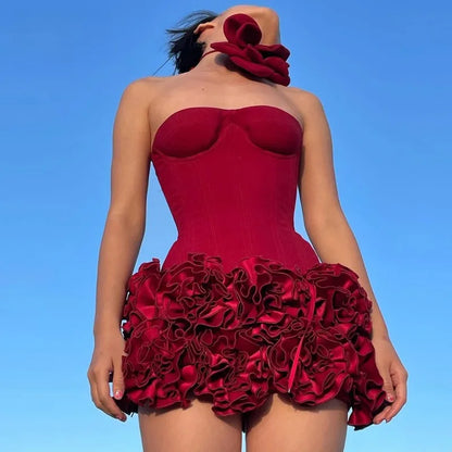 Stereoscopic Flowers Back Laceing Strapless Solid Bandage Mini Evening Dress Sweet Woman Birthday Party Patchwork Lace Up Dress