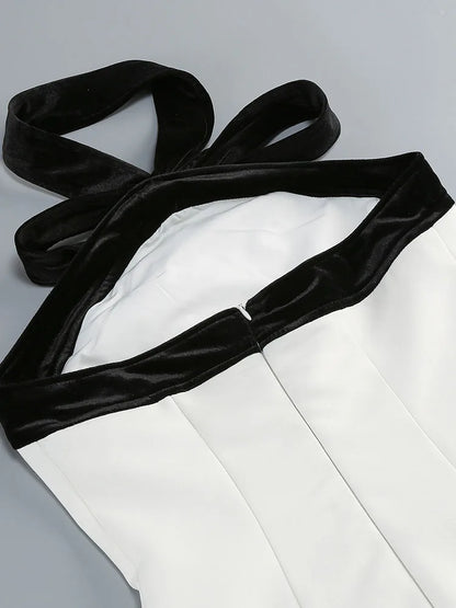 Sexy Sleeveless Black Butterfly Bow Halter Neck Mini Dress Women White Backless Patchwork Slim Evening Cocktail Party Dresses