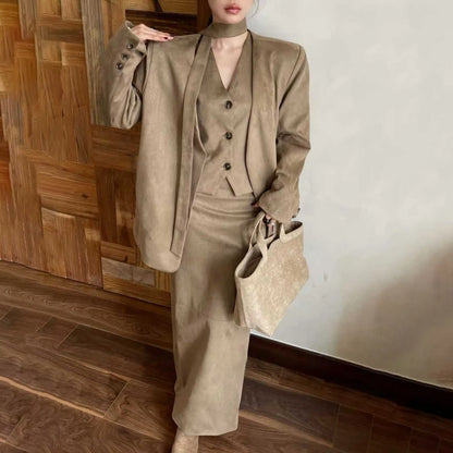 KWTX 2025 Women's 3 Pcs Suit Set Spring Fall V-Neck Blazer Single Breasted Vest Ribbon Tie Skirt Solid Color Elegant Retro