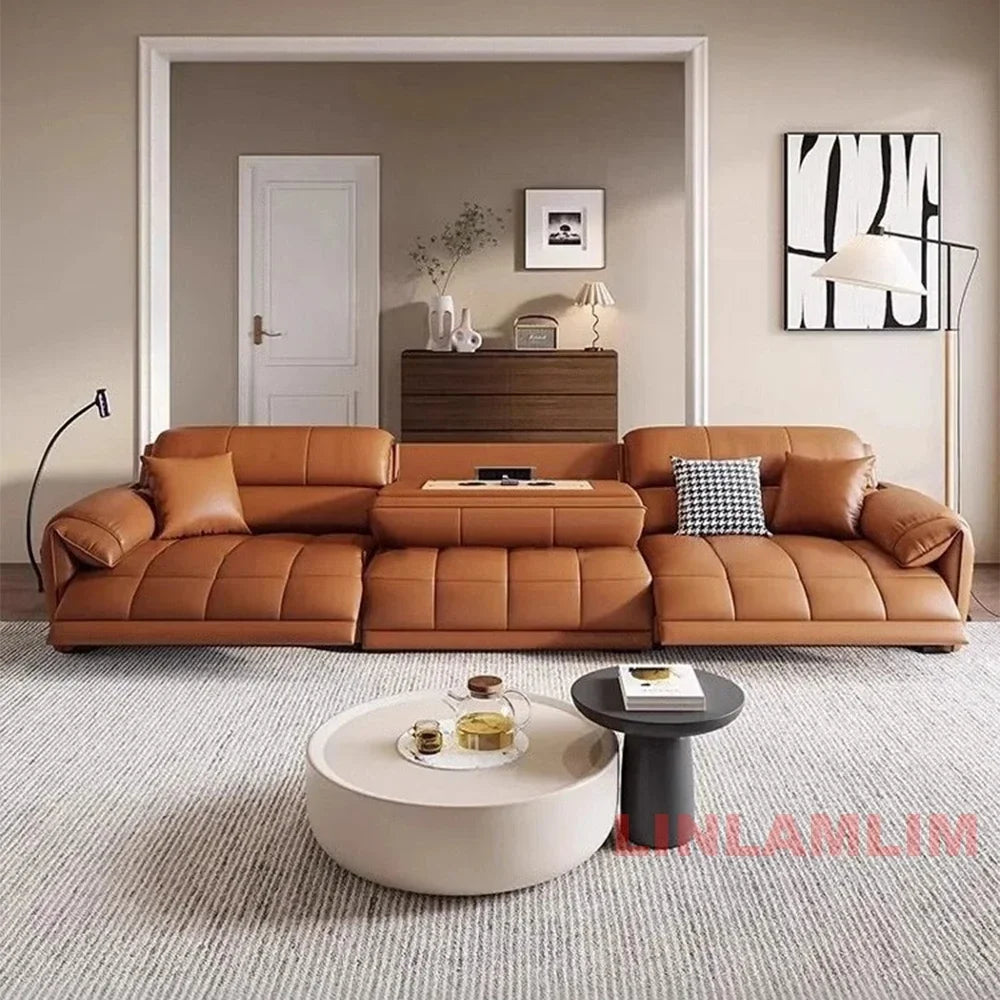 Modern Electric Reclining Sofa with Adjustable Footrest, USB, and Foldable Center Console – Italian Genuine Leather Power Sofa