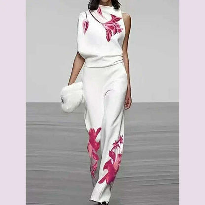 Spring Summer Fashion Printed Set For Women's Casual Sleeveless Shirt Top + Wide-leg Trousers 2-piece Suit Office Women Outfit