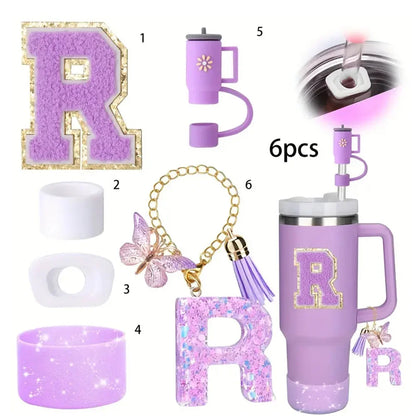 6 in 1 Cup Accessorie Set for Stanley Cup 40oz Tumbler Including Purple Silicone Straw Topper Boot Leak-proof Stopper Decoration